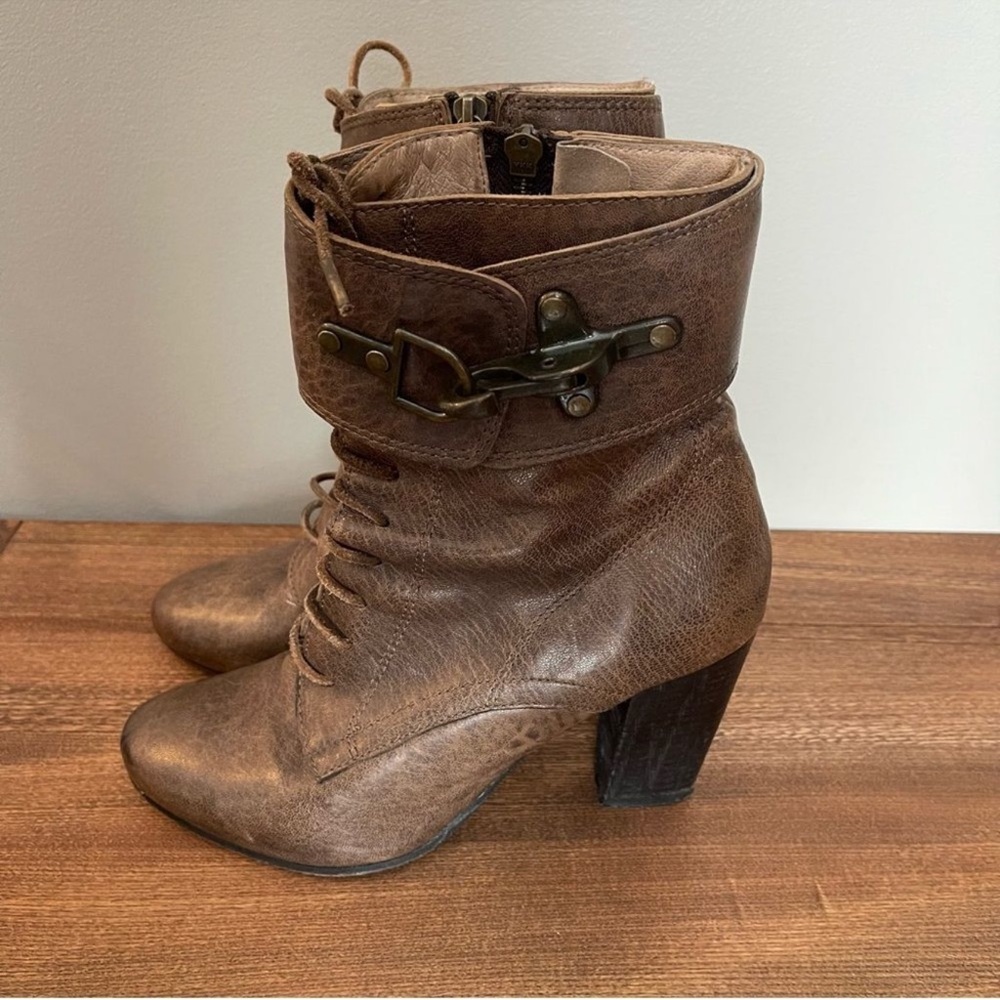 AllSaints Taupe Leather Lace-Up Heeled Boots | Size 39 / 8.5 | Side Zip